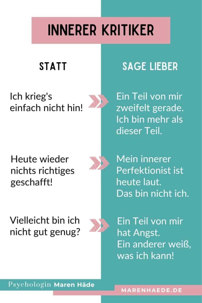 Infografik „Innerer Kritiker": Statt selbstkritischer Sätze wie „Ich krieg's einfach nicht hin!" hilft es, Selbstzweifel als Teil von dir zu benennen, zum Beispiel: „Ein Teil von mir zweifelt gerade. Ich bin mehr als dieser Teil."